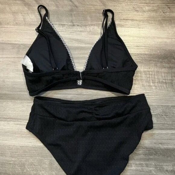 CUPSHE Bikini Black with White Stitching Plunging-V Whipstitch Bikini Medium NWT - Picture 4 of 5